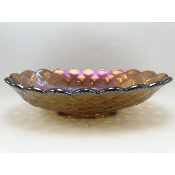 Imperial Pansy Marigold Carnival Glass Dish 8.5" Bowl Quilt Amber‎ Scallop Edge - Picture 3 of 12